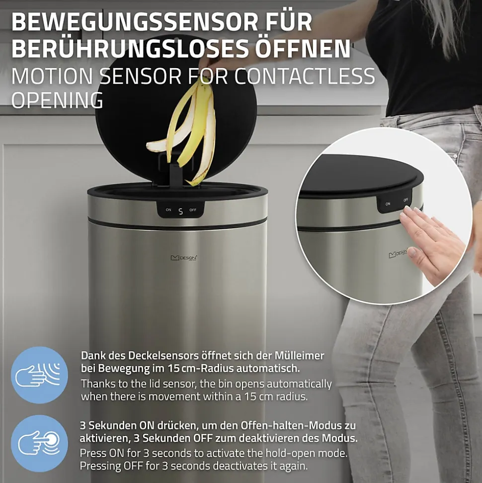 Poubelle automatique avec capteur ML-Design 40L argenté en inox avec anneau de maintien pour sac