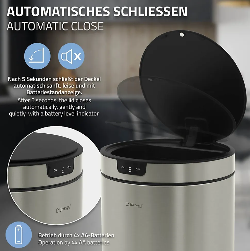 Poubelle automatique avec capteur ML-Design 40L argenté en inox avec anneau de maintien pour sac