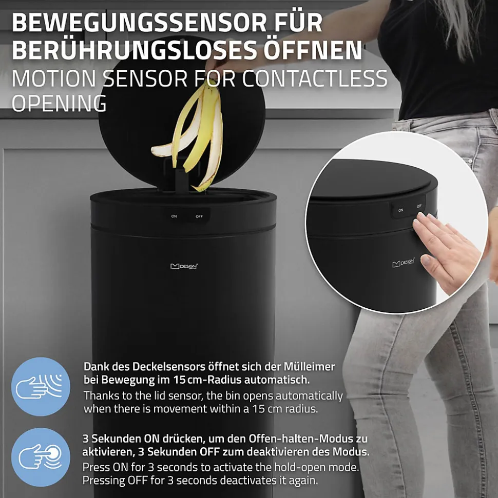Poubelle automatique avec capteur ML-Design 40L noir aspect mat avec anneau de maintien pour sac