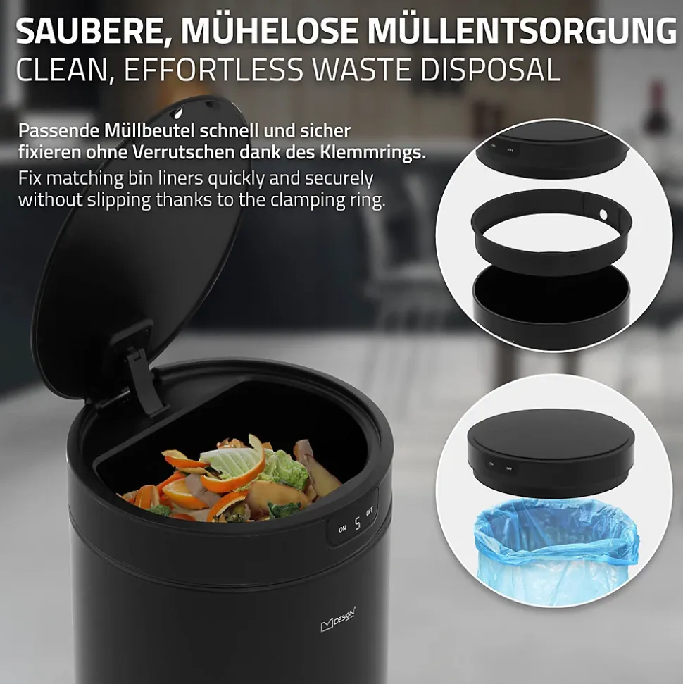 Poubelle automatique avec capteur ML-Design 40L noir aspect mat avec anneau de maintien pour sac
