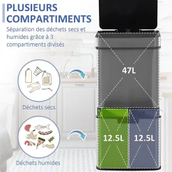 Poubelle automatique détecteur de mouvement poubelle tri selectif 3 bacs capacité totale 72L acier inox. brossé