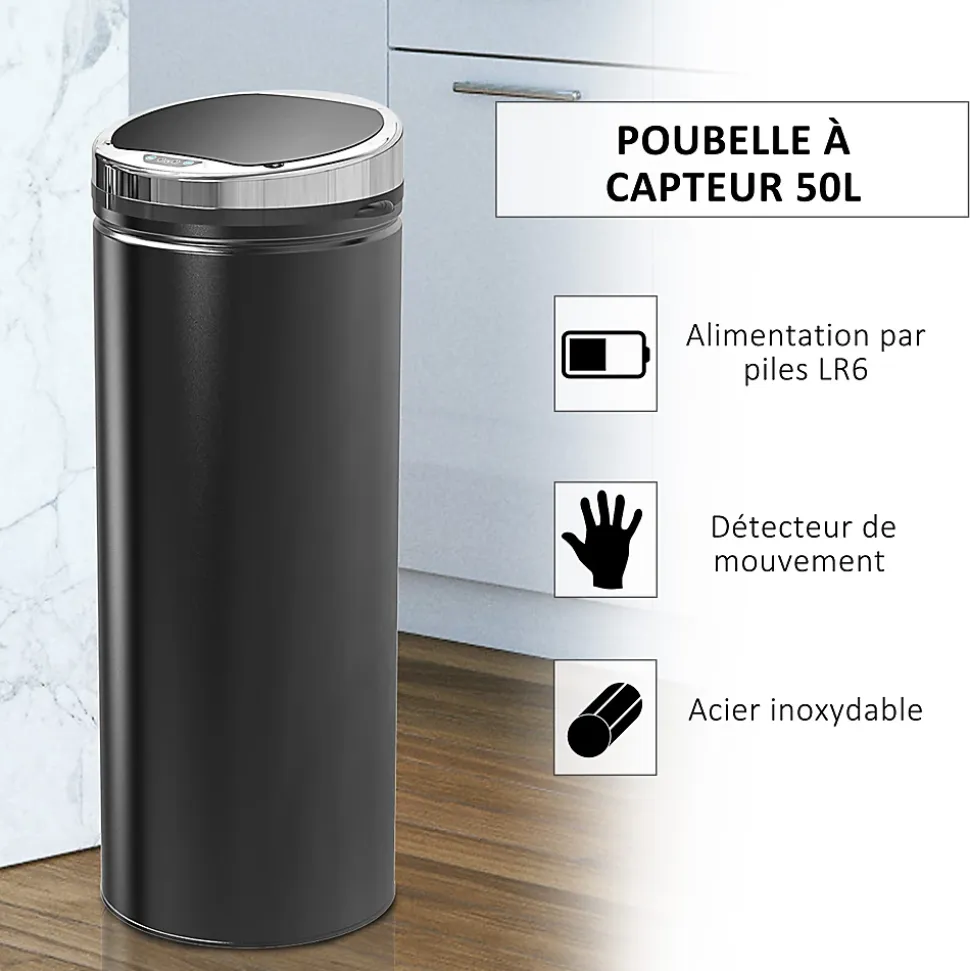 Poubelle automatique détecteur de mouvement 50L bac amovible acier inox. noir