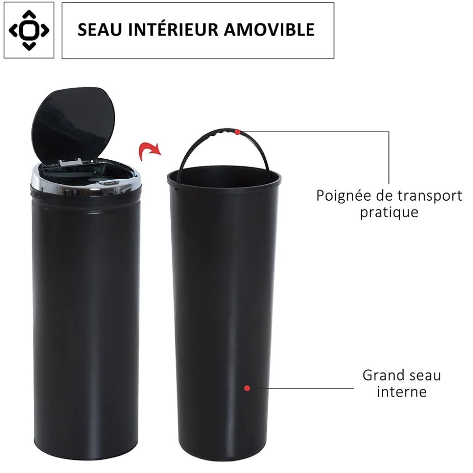 Poubelle automatique détecteur de mouvement 50L bac amovible acier inox. noir