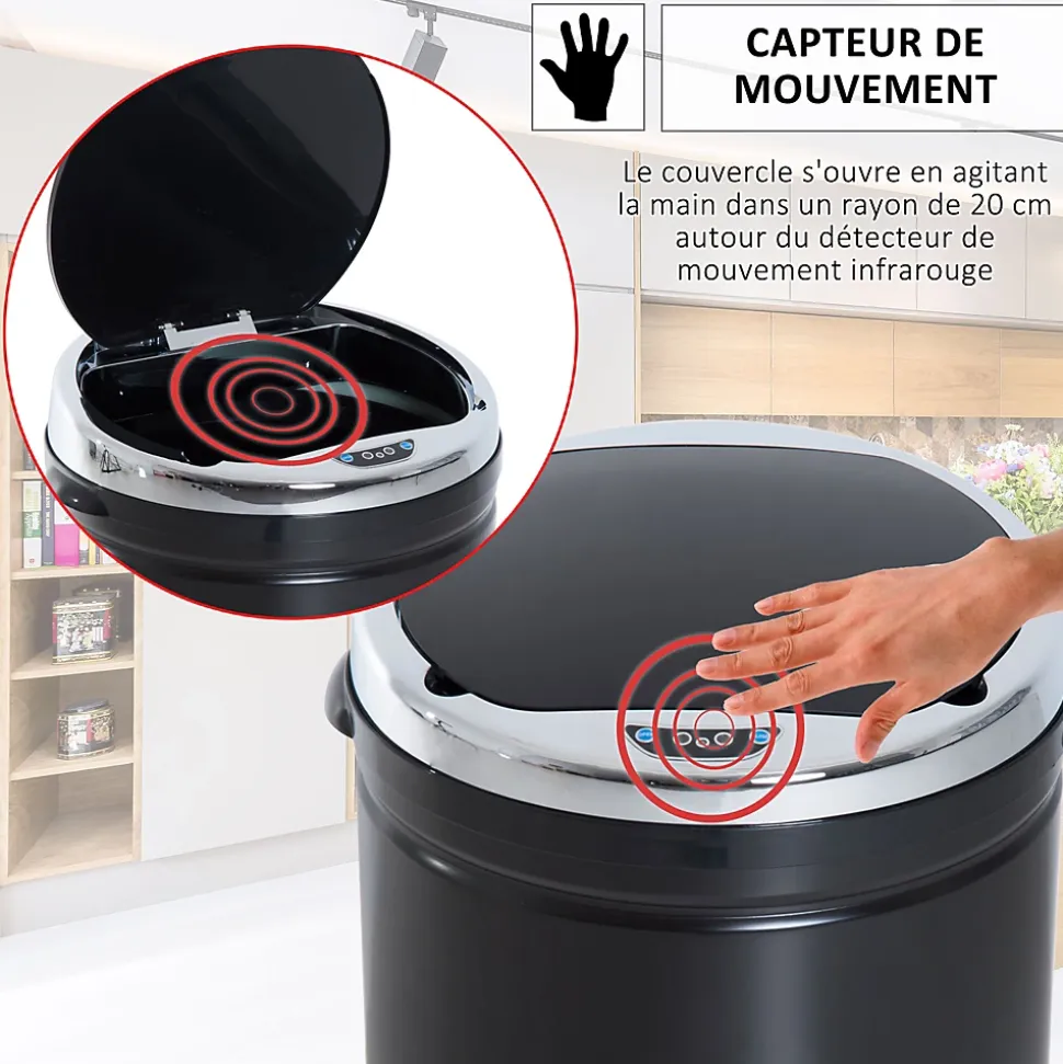Poubelle automatique détecteur de mouvement 50L bac amovible acier inox. noir