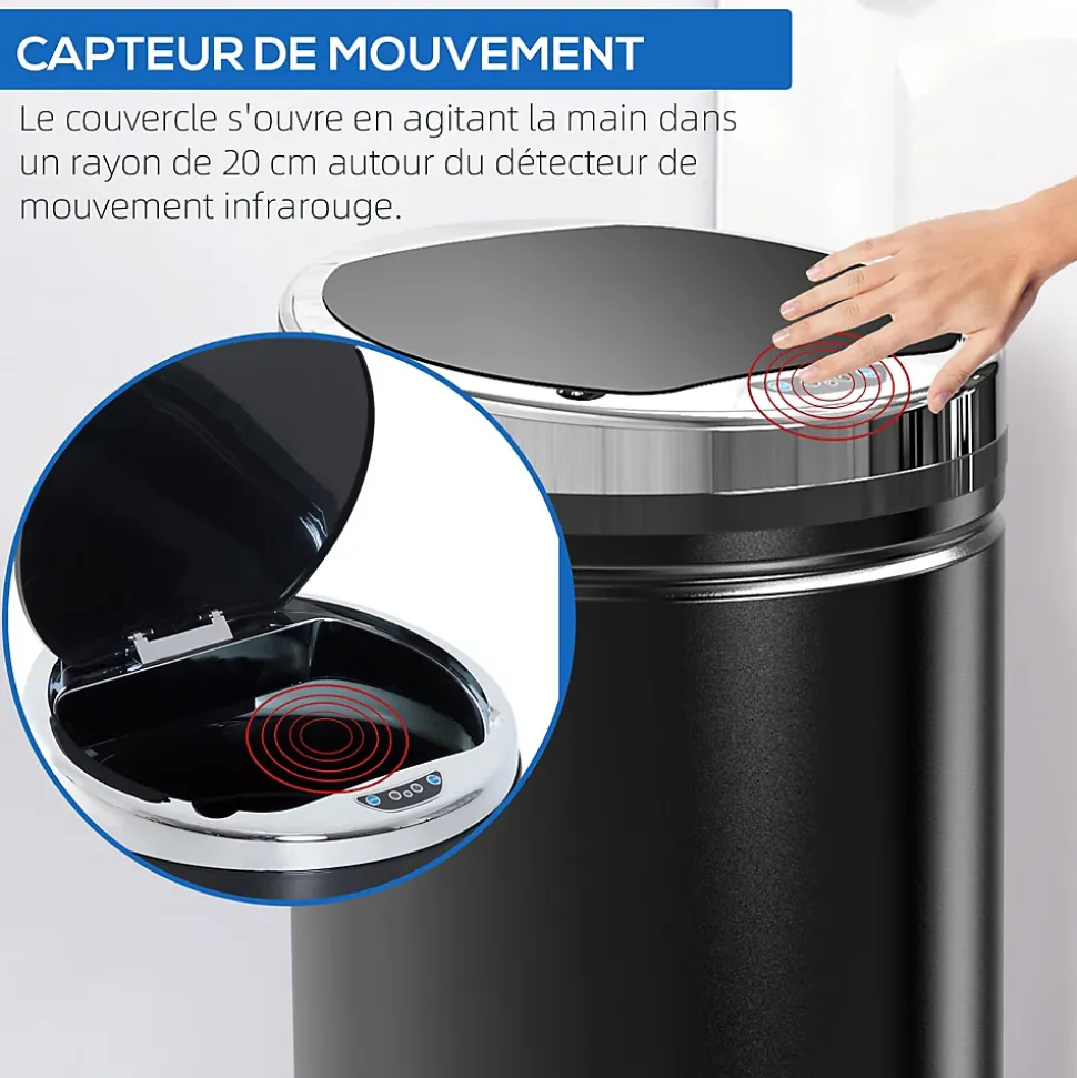 Poubelle automatique 42L - capteur de mouvement - bac interne amovible - acier inox noir