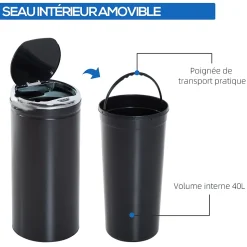 Poubelle automatique 42L - capteur de mouvement - bac interne amovible - acier inox noir