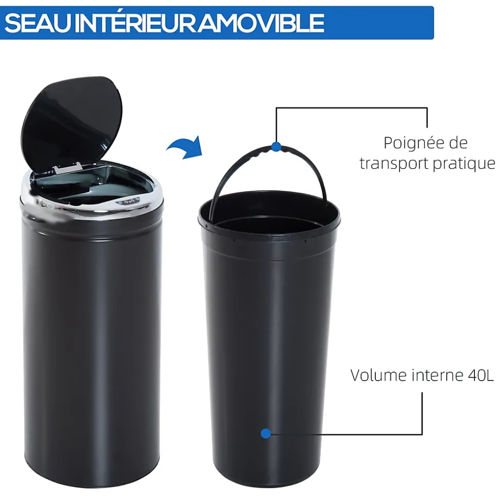 Poubelle automatique 42L - capteur de mouvement - bac interne amovible - acier inox noir