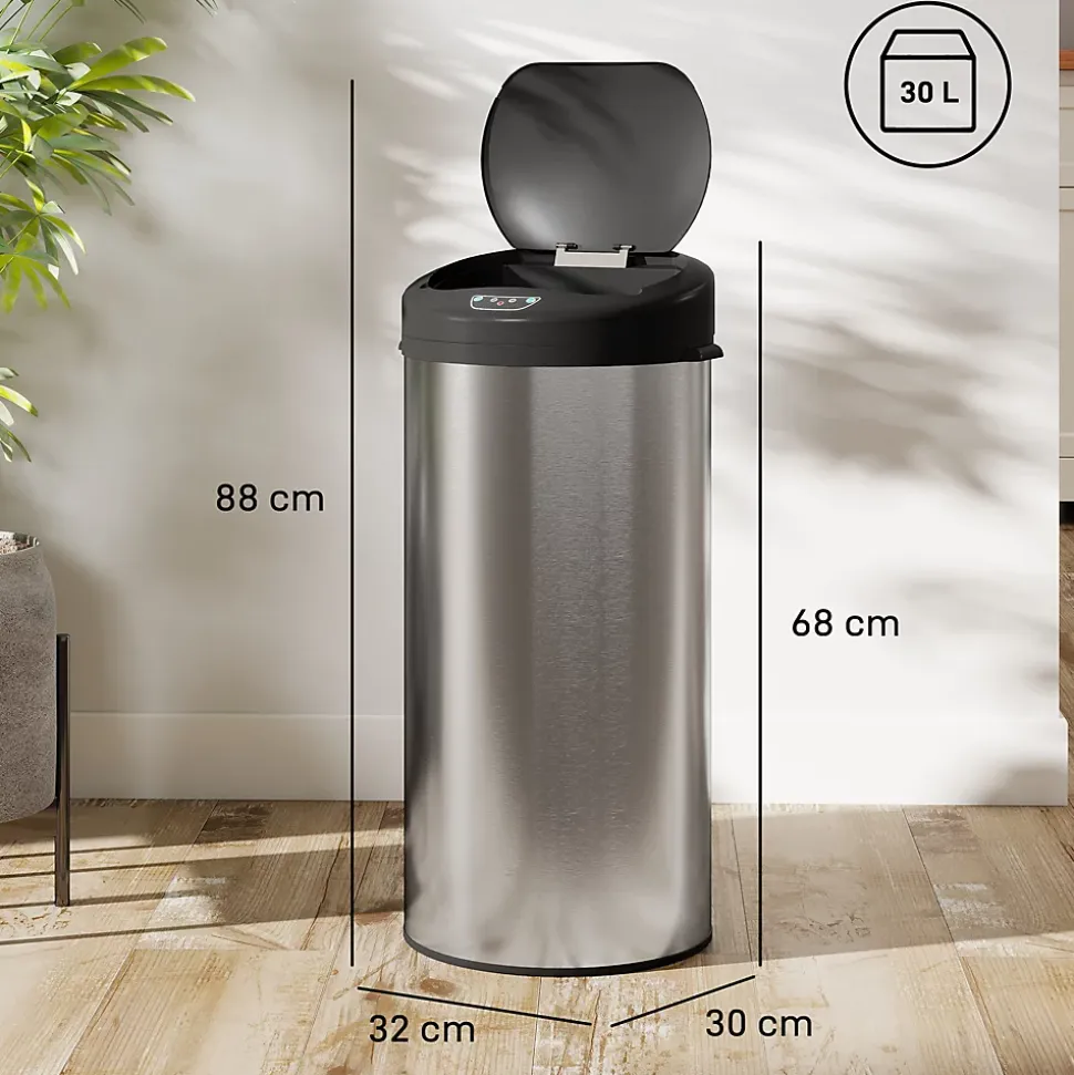 Poubelle automatique 30L dim. 32 x 30 x 68 cm - capteur de mouvement - acier inox brossé