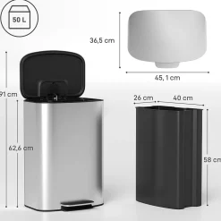 Poubelle cuisine à pédale 50L - seau intérieur amovible, filtre anti-odeurs, poignées - acier inox