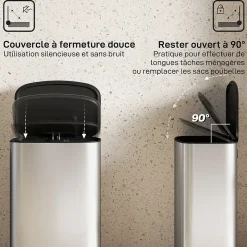 Poubelle cuisine à pédale 50L - seau intérieur amovible, filtre anti-odeurs, poignées - acier inox