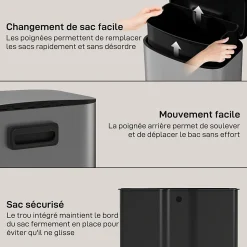 Poubelle cuisine à pédale 50L - seau intérieur amovible, filtre anti-odeurs, poignées - acier inox