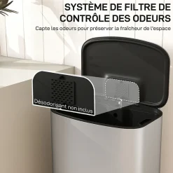 Poubelle cuisine à pédale 50L - seau intérieur amovible, filtre anti-odeurs, poignées - acier inox