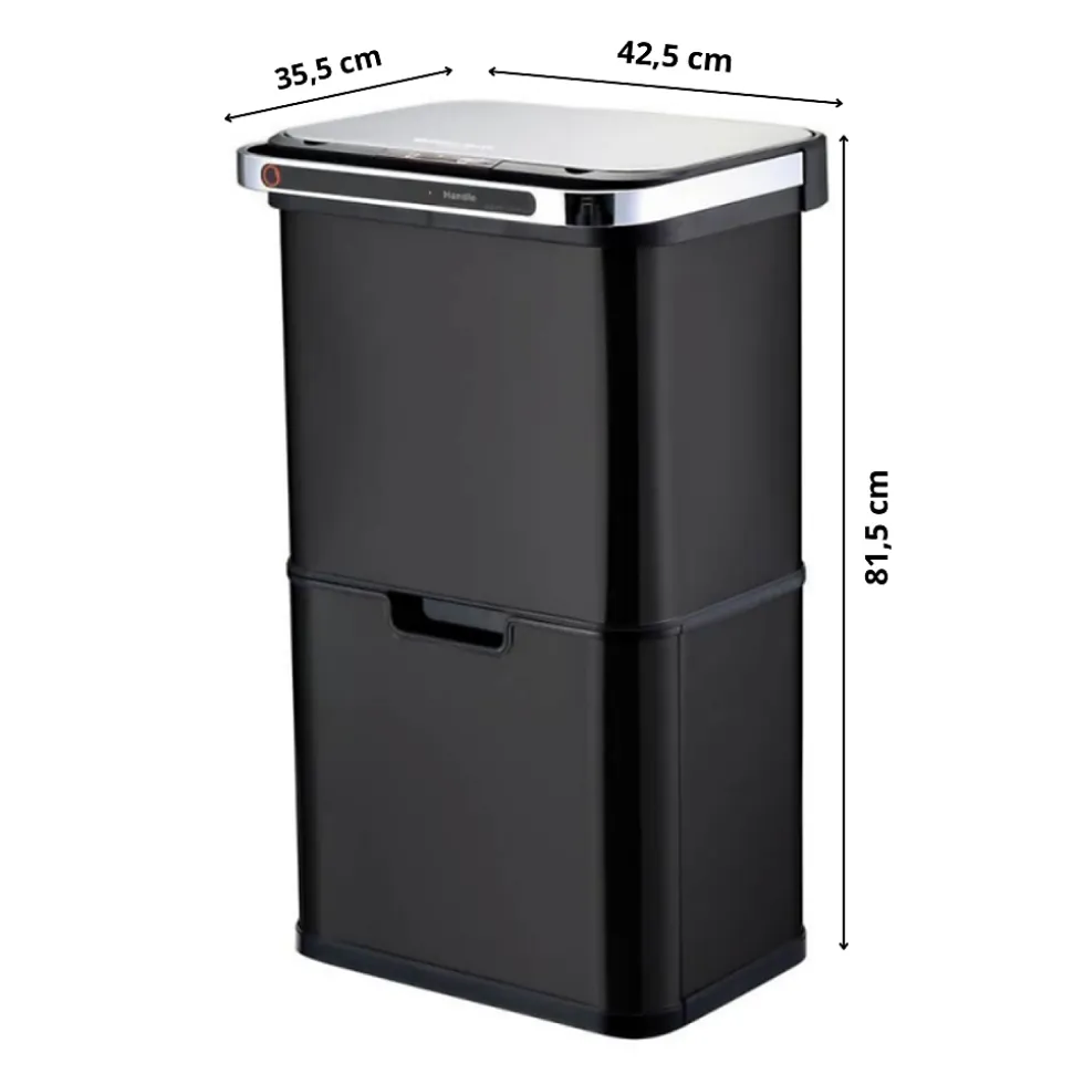 Poubelle cuisine automatique de tri à 4 compartiments - 60L - Noir mat - Piles ou batterie