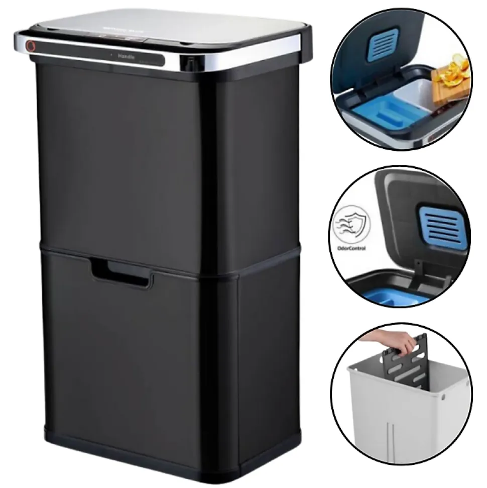 Poubelle cuisine automatique de tri à 4 compartiments - 60L - Noir mat - Piles ou batterie