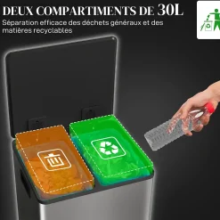 Poubelle de cuisine à pédale 2 compartiments 2 x 30L - seaux amovibles - acier inox. brossé