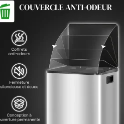 Poubelle de cuisine à pédale 2 compartiments 2 x 30L - seaux amovibles - acier inox. brossé