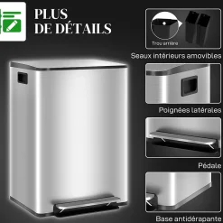 Poubelle de cuisine à pédale 2 compartiments 2 x 30L - seaux amovibles - acier inox. brossé