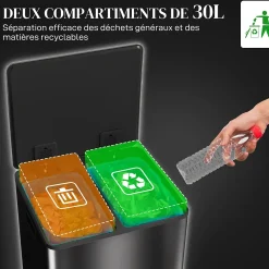 Poubelle de cuisine à pédale 2 compartiments 2 x 30L - seaux amovibles - acier inox. brossé noir