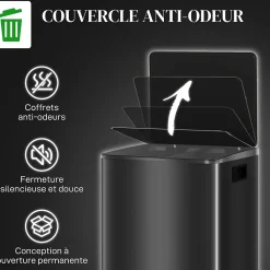 Poubelle de cuisine à pédale 2 compartiments 2 x 30L - seaux amovibles - acier inox. brossé noir