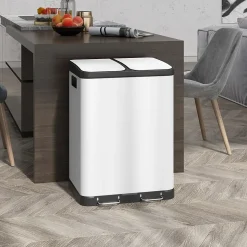 Poubelle de cuisine 2 x 30L - poubelle à pédale 2 compartiments seaux amovibles - acier inox. blanc