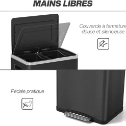 Poubelle de cuisine 2 x 20L - poubelle à pédale 2 compartiments seaux amovibles - acier inox. noir brossé