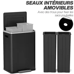 Poubelle de cuisine 2 x 20L - poubelle à pédale 2 compartiments seaux amovibles - acier inox. noir brossé
