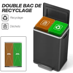 Poubelle de cuisine 2 x 20L - poubelle à pédale 2 compartiments seaux amovibles - acier inox. noir brossé