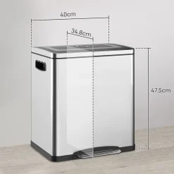Poubelle de cuisine 2 x 15L - poubelle à pédale 2 compartiments seaux amovibles - acier inox. brossé