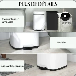 Poubelle de cuisine 12L - poubelle à pédale compartiment seau amovible - acier inox. blanc