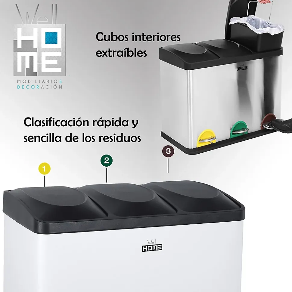 Poubelle de recyclage WellHome 45 L à 3 compartiments, recyclage des déchets