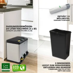 Poubelle de recyclage Brandon, 3 x 8 Litres, Rouleau de sacs poubelle inclus 24 litres