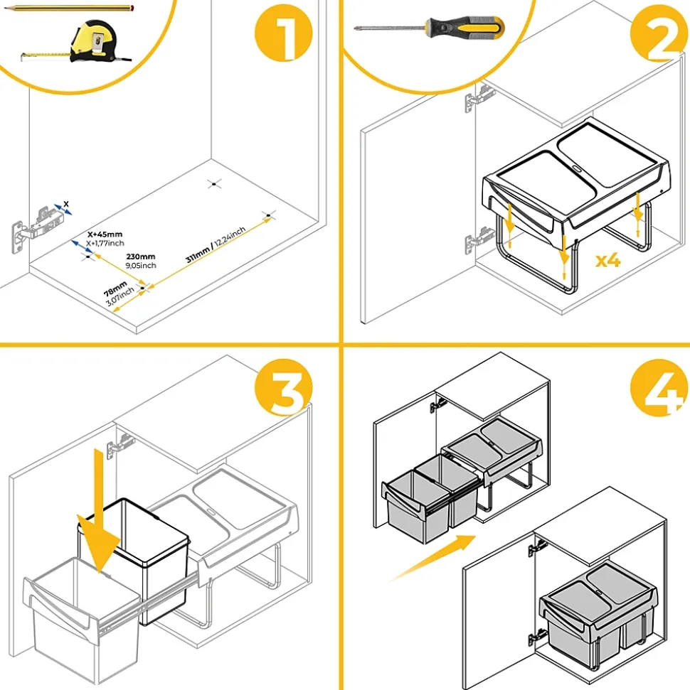 Poubelle de recyclage pour la cuisine 2 bacs de 15 litres Cook