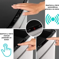 Poubelle de recyclage WELLHOME 62 L, 2 compartiments (37 L + 25 L), ouverture par capteur, acier inoxydable, chrome