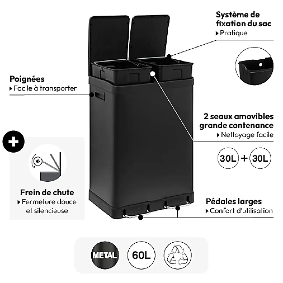 Poubelle de tri 2 compartiments noir mat 60L Five Simple Smart Ariana