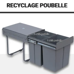 Poubelle de tri coulissante - 3 bacs amovibles avec poignée - 2 x 10L et 1 x 20L - métal PP gris