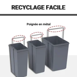 Poubelle de tri coulissante - 3 bacs amovibles avec poignée - 2 x 10L et 1 x 20L - métal PP gris