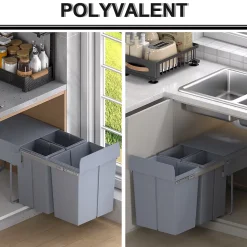 Poubelle de tri coulissante - 3 bacs amovibles avec poignée - 2 x 10L et 1 x 20L - métal PP gris