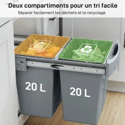 Poubelle de tri coulissante - 2 bacs amovibles avec poignée - 2 x 20L - métal PP gris