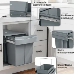 Poubelle de tri coulissante - 2 bacs amovibles avec poignée - 2 x 20L - métal PP gris