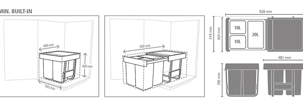 Poubelle de tri encastrable 3 bacs Brabantia Sort & Go vert clair