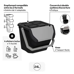 Poubelle de tri 24L en plastique noir - Noir- 5five