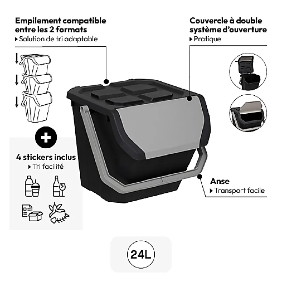 Poubelle de tri 24L en plastique noir - Noir- 5five