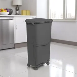 Poubelle de tri sélectif à pédale, roulettes et poignée, double compartiment, noir anthracite, 38L (24L + 14L)