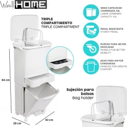 Poubelle de tri sélectif triple compartiment 42L (24L + 4L + 14L) avec pédale, roulettes et poignée.