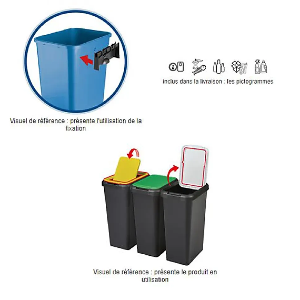 Poubelle de tri verre papier plastique 45 litres - Blanc