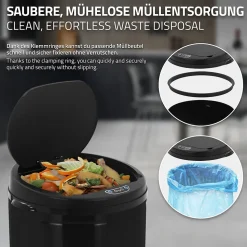 Poubelle 30L avec détecteur de mouvement en acier inoxydable ronde noir brillant