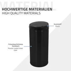 Poubelle 30L avec détecteur de mouvement en acier inoxydable ronde noir brillant
