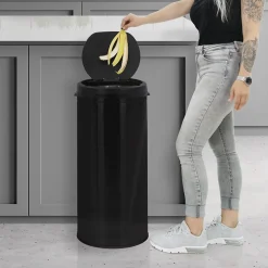 Poubelle 30L avec détecteur de mouvement en acier inoxydable ronde noir brillant