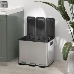 Poubelle manuelle tri selectif 3 bacs capacité totale 60L acier inox. brossé argent