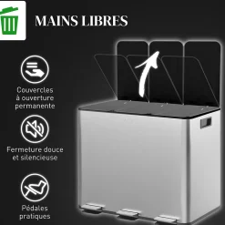Poubelle manuelle tri selectif 3 bacs capacité totale 60L acier inox. brossé argent